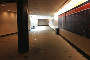 Showing a long hallway at the bottom of the stairs and elevator.